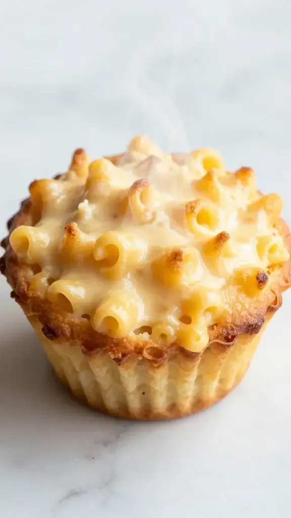 High-angle close-up of a baked muffin half showing creamy interior and golden crust, steam rising, soft natural light, clean marble surface