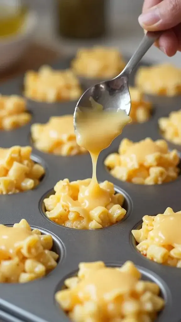 Cooking process shot: spooning extra cheese into a muffin cavity before baking, close-up on gooey edges forming, warm kitchen light