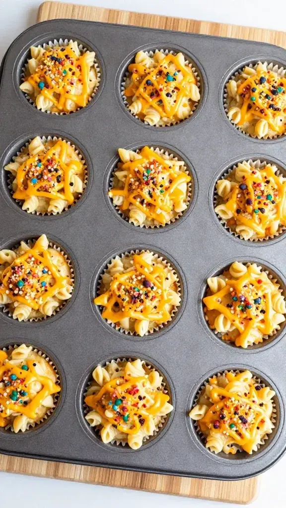 Overhead shot of a mini muffin tray on a light wood board, each muffin topped with colorful breadcrumbs and a drizzle of melted cheese, bright and inviting