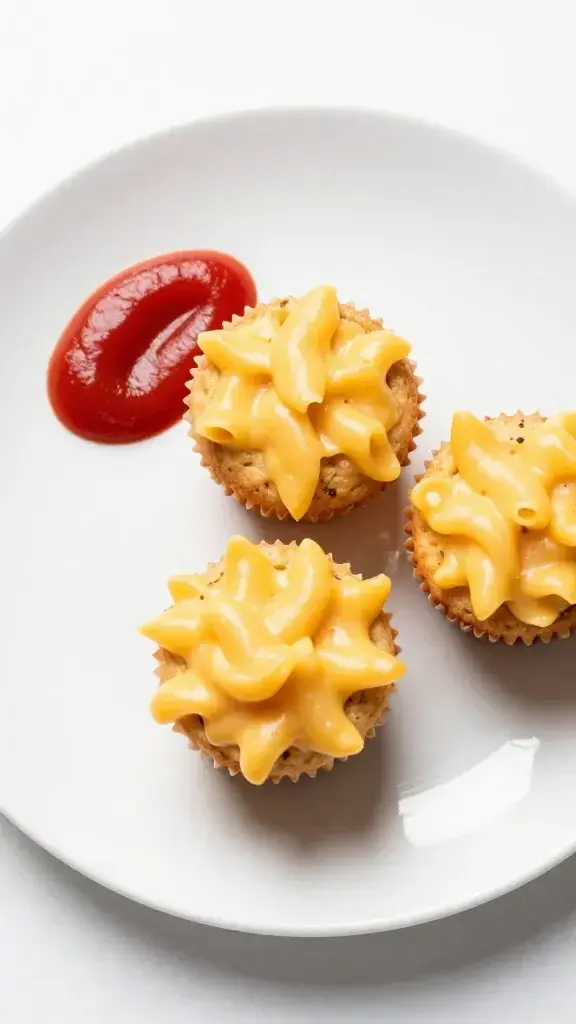 Serving moment: a trio of finished Mac and Cheese Muffins on a white plate with a small side of tomato ketchup drizzle, crisp crust visible, minimal props
