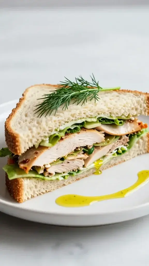 Serving moment: A freshly cut diagonal sandwich half on a plate, a sprig of dill, and a drizzle of olive oil, shallow depth of field, clean background