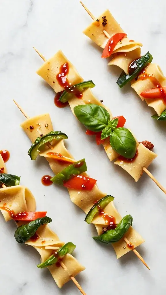 Overhead/top-down shot: multiple skewers laid out on a marble surface with a drizzle of sauce and fresh basil, crisp textures visible, high-contrast lighting