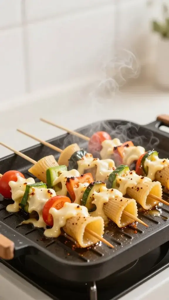Cooking process shot: skewers being assembled on a grill pan, sizzling edges and melted cheese visible, steam rising, soft kitchen light, uncluttered background