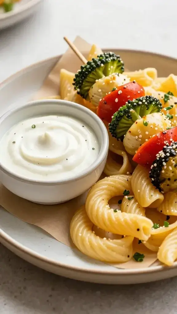 Serving moment: skewers beautifully plated with dipping sauce in a small ceramic bowl, one skewer resting on the rim, parchment underneath, warm daylight, appetizing finish