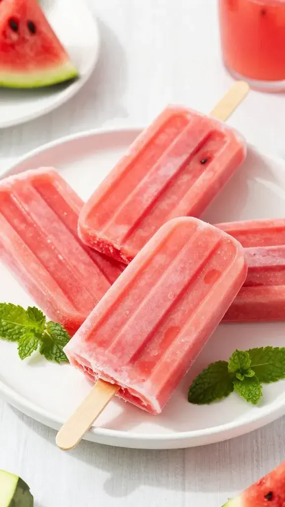 Beautifully plated Watermelon Popsicles for Kids on a white ceramic plate, mint leaf garnish, bright natural light, clean kitchen backdrop, summer vibes, high-contrast colors, crisp texture detail