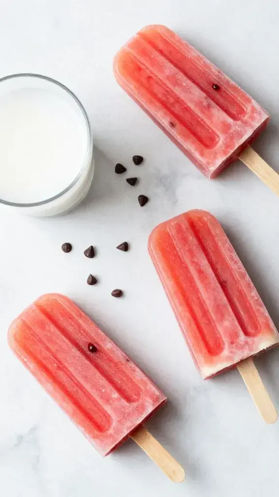 Overhead/top-down shot of a trio of watermelon popsicles arranged on a marble surface with scattered mini chocolate chips and a glass of coconut water nearby, vibrant colors, pristine styling