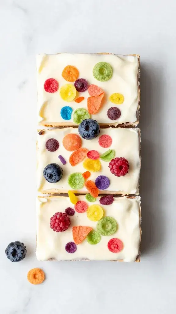 Overhead shot of the finished bark cut into rectangular pieces on a marble surface, colorful chips and berry accents visible, minimal props for modern food blog look