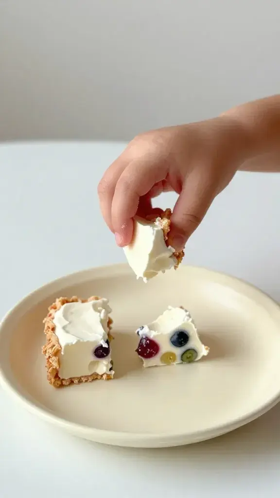 Serving moment: a kid’s hand breaking a piece of bark onto a small cream plate, visible crunchy edges and creamy interior, natural daylight, simple background