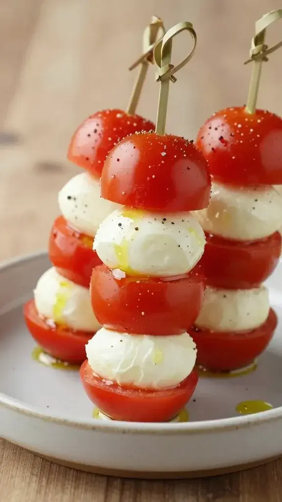 Serving moment: stacked skewers on a small ceramic nest, ready to serve, with a light drizzle of olive oil and cracked pepper, captured from a slight angle to emphasize texture and freshness.