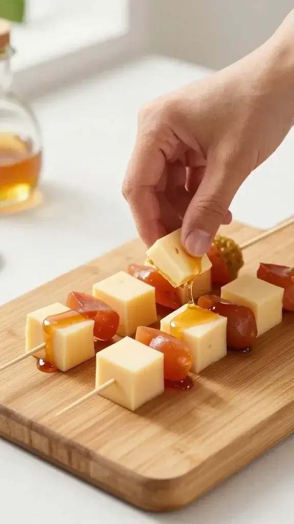 Cooking process shot: Skewers being assembled with cheese cubes and fruit on a bamboo board, drizzle of honey or balsamic glaze, natural kitchen light, hands arranging components.