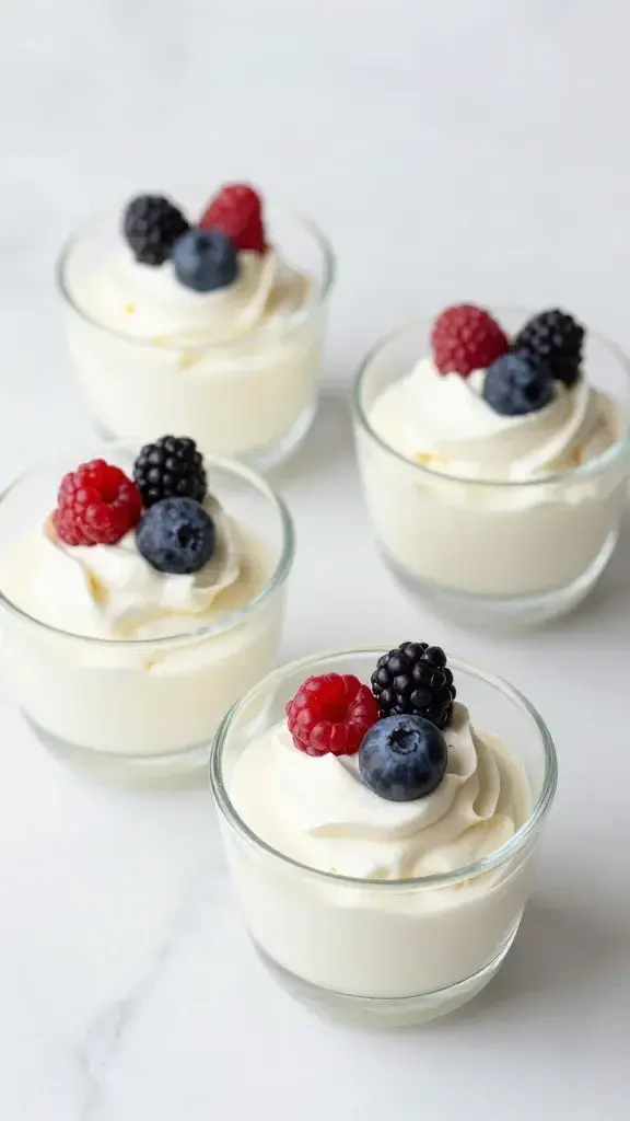 Beautifully plated Berry-Powered Treats dessert in clear glass bowls with whipped cream and fresh berries, on a white marble surface, bright natural light, modern minimal styling