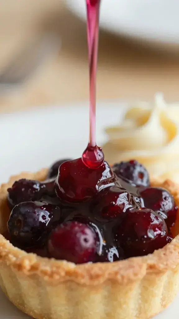 Close-up detail of glossy berry compote drizzling over a golden pastry crust, with a shallow depth of field and creamy sidebar garnish, warm kitchen light