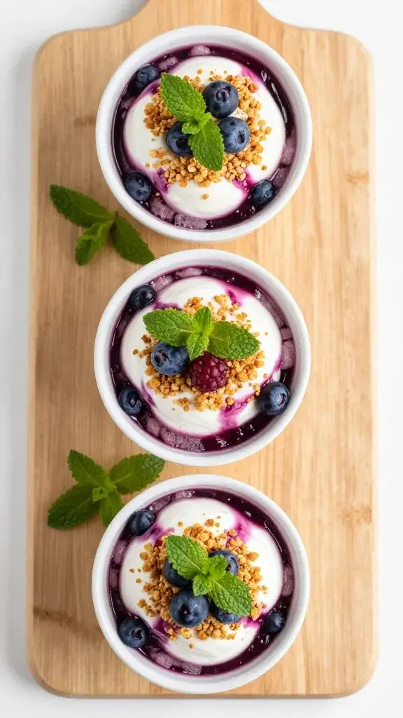 Overhead top-down shot of a vibrant berry sundae trio in white ramekins, showcasing layered textures, crumbly crust, and sprigs of mint on a clean wooden board
