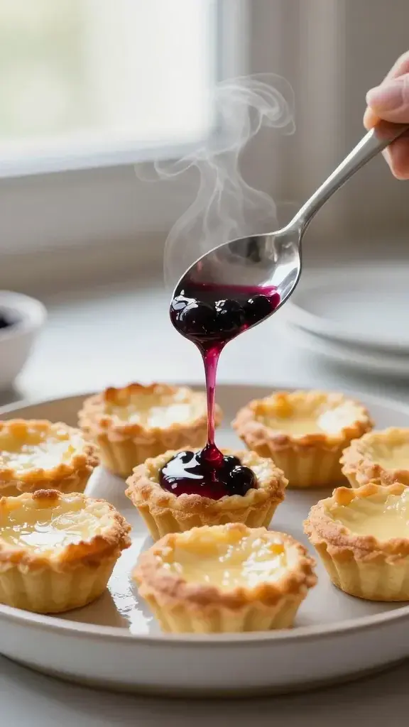 Cooking process shot: spoon drizzling berry sauce over mini tarts as they bake, steam rising, golden edges forming, soft window light and simple ceramic plate backdrop