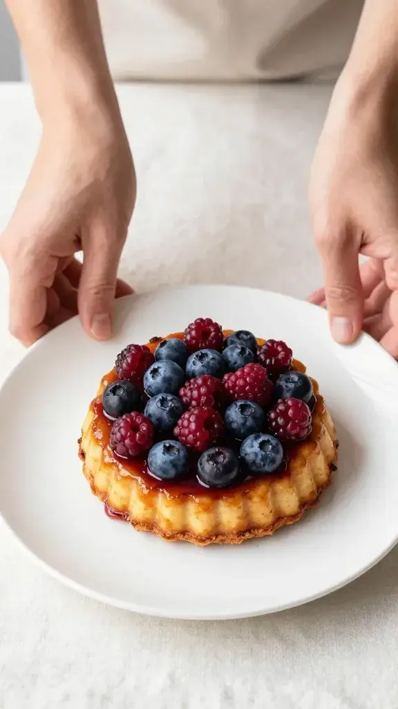Serving moment: hands placing a finished berry-topped dessert on a porcelain plate, bright plating, caramelization visible, crisp knife-side edge and clean linen background