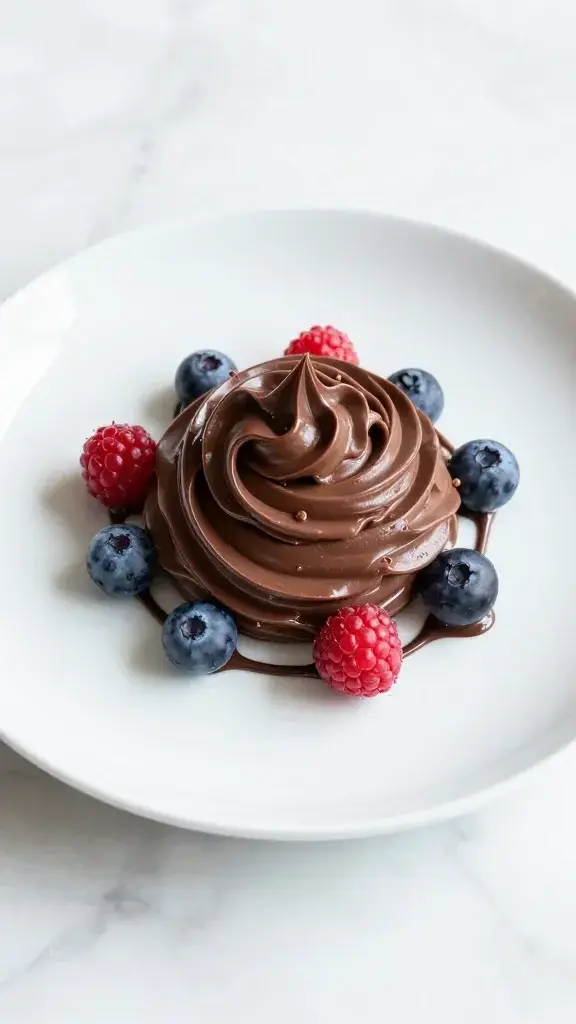 Beautifully plated chocolate-y summer berry swirls on a white dessert plate, drizzle of chocolate, glossy berries, bright natural light, clean marble surface, minimal garnish