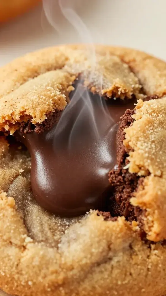 Close-up detail of a soft, fudgy chocolate lava cookie bite with melty center and steam, golden crust, tiny crumb texture, shallow depth of field