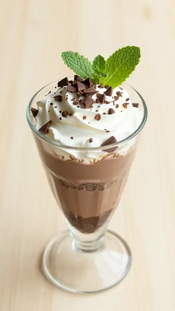 Overhead shot of a family-friendly chocolate parfait in a clear glass, layered mousse, whipped cream, chocolate shavings, and fresh mint on a light wood backdrop
