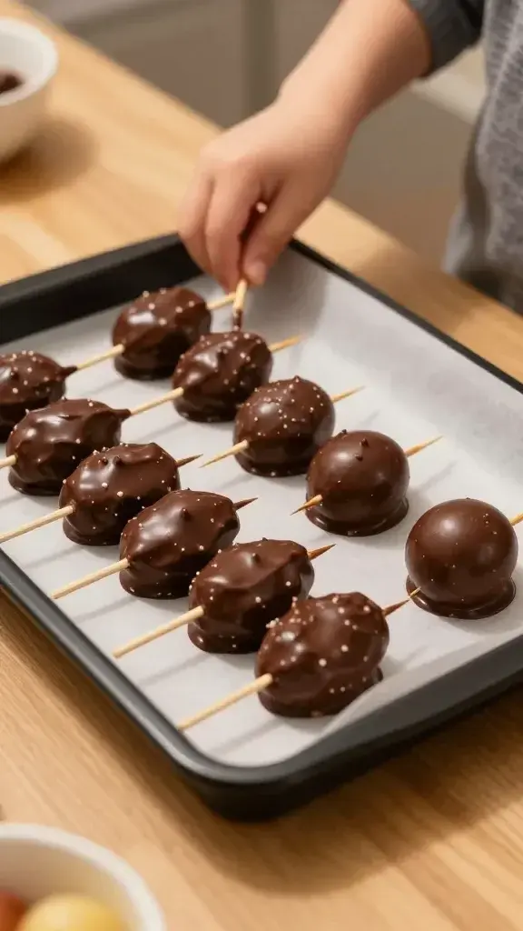 Cooking process shot of kids’ chocolate-dipped fruit skewers being assembled, glossy chocolate coating visible, dipping tray and parchment, warm kitchen light
