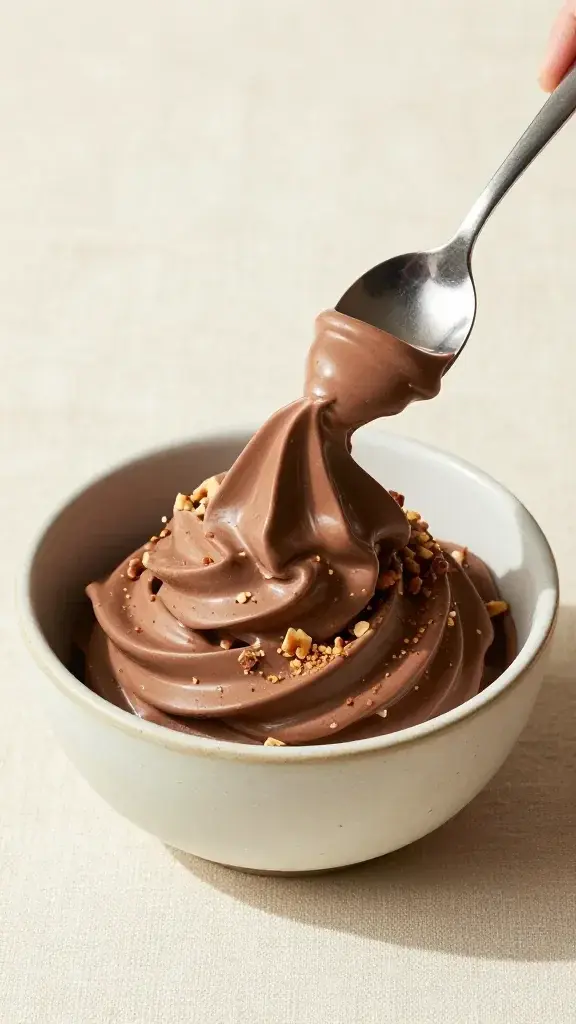 Serving moment of a chilled chocolate yogurt swirl dessert in a ceramic bowl, spoon poised with a swirl, sprinkled with crushed nuts, bright daylight, cream linen background