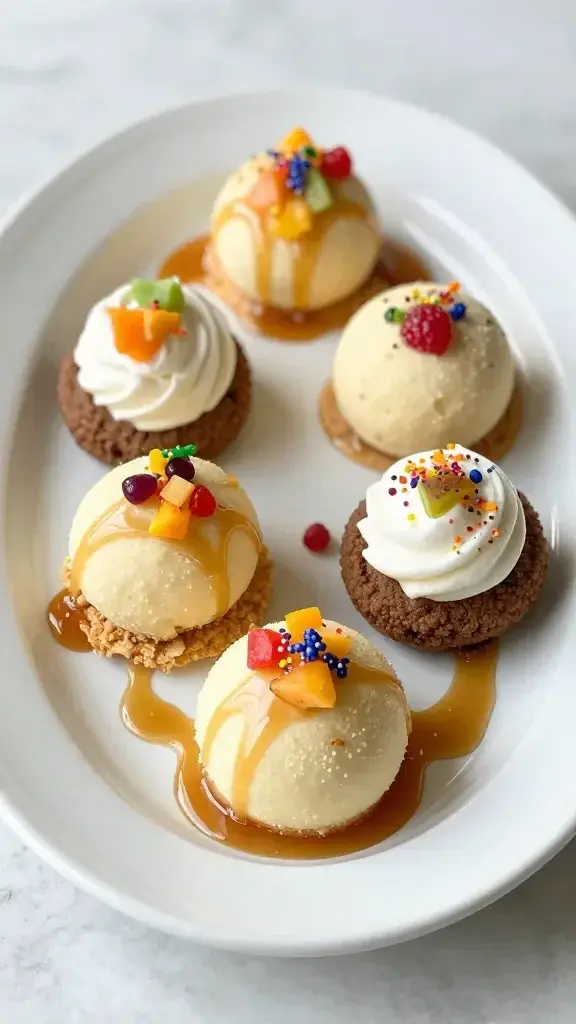 A beautifully plated serving of 5 Family Friendly Summer Desserts for Kids with Less Sugar, arranged on a white porcelain dish with a drizzle of light caramel and a sprinkle of colorful fruit, soft natural light