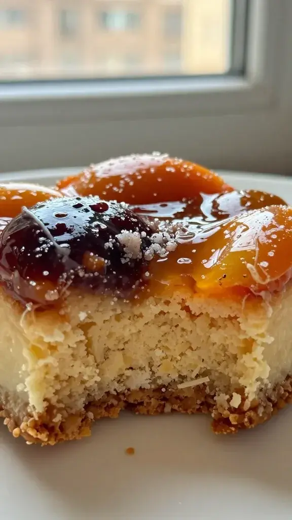 Close-up detail of a single bite-sized dessert square showing a moist crumb, a glossy fruit topping, and a delicate sugar glaze, shallow depth of field, warm window light