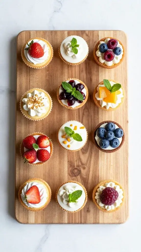 Overhead shot of a brunch-style wooden board featuring multiple small desserts with varied toppings, bright daylight, clean marble background, and fresh mint garnish