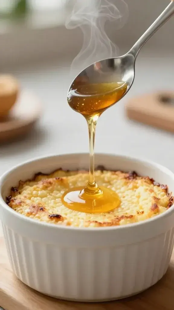 Cooking process shot: a spoon drizzling honey over a warm, golden-brown baked dessert in a ceramic ramekin, steam rising, natural kitchen light, inviting texture