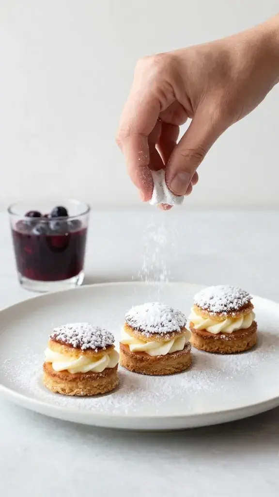 Serving moment: hands gently dusting powdered sugar over plated dessert trio, side of berry compote in a small glass, soft daylight, minimal backdrop