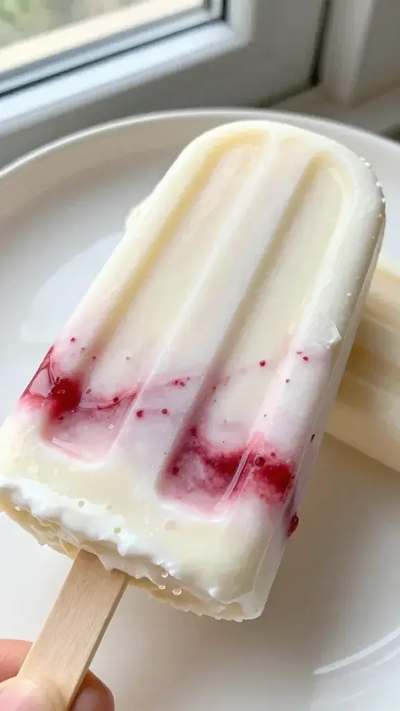 Close-up detail of a fluffy vanilla yogurt popsicle with raspberry swirl, showing creamy texture and glossy glaze, shallow depth of field, soft window light, neutral ceramic plate.