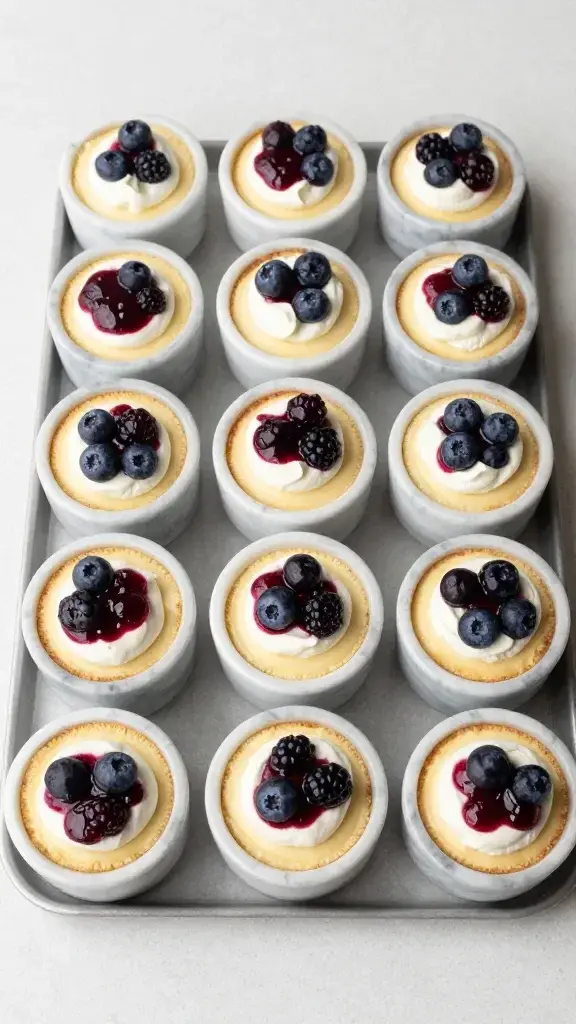 Overhead shot of a tray of mixed fruit mini cheesecakes baked in marble cups, topped with whipped cream and berry compote, clean kitchen counter background, even lighting.