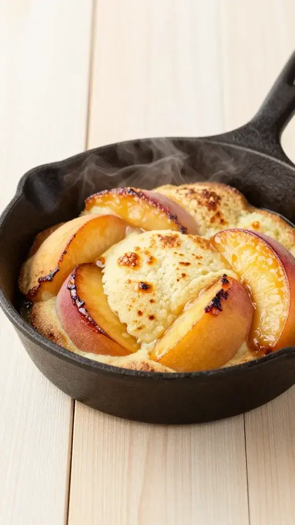 A sizzling mini skillet fondant-ish peach cobbler cradled in a small cast-iron pan, caramelized edges visible, steam rising, bright daylight, light wood surface.