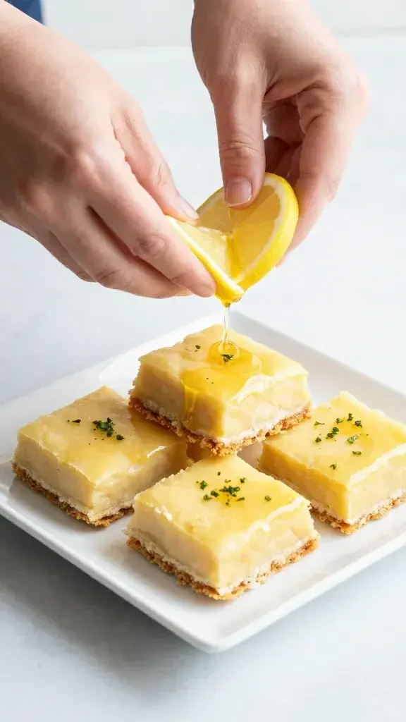 Serving moment: hands drizzling lemon honey glaze over bite-sized no-bake lemon squares on a white ceramic square plate, crisp edges, fresh citrus zest garnish, daylight, uncluttered backdrop.