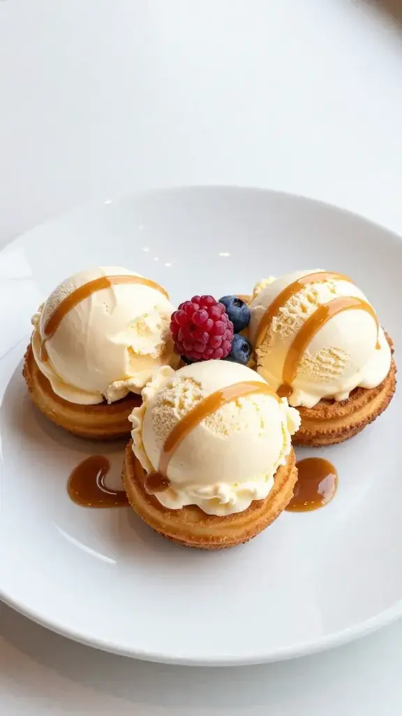 A beautifully plated Goofy Sweets dessert trio on a white ceramic plate, featuring ice cream scoops perched atop warm cookie churros, caramel drizzle, and a fresh berry garnish, bright natural light.