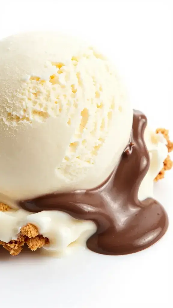 Close-up detail of a scoop of vanilla ice cream melting into a gooey chocolate ripple, with crisp cookie crumble edges, shallow depth of field, clean white background.