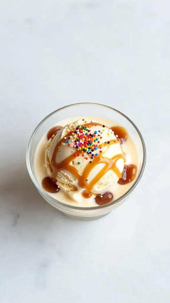 Overhead shot of a dessert bowl with layered ice cream, colorful sprinkles, and a drizzle of caramel in a glass dish on a light marble surface, minimalistic styling.