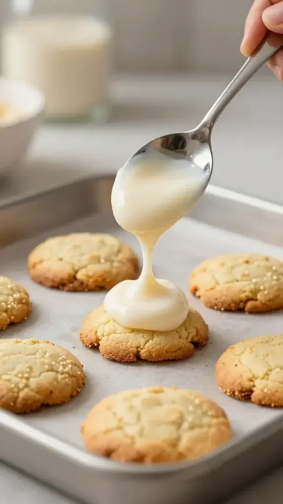 Cooking process shot of cookies baking to golden edges, a spoon drizzling melted ice cream topping over the baked treats, warm kitchen light and shallow focus.