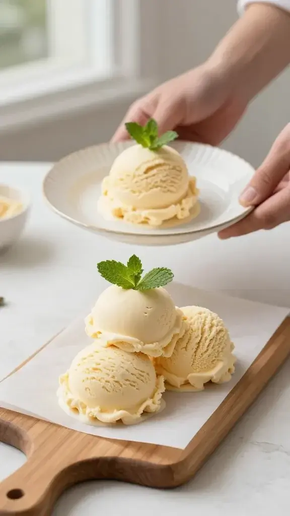 Serving moment showing a finished Goofy Sweets plate being carried to the table on a parchment-lined wood board, ice cream scoops intact, fresh mint leaf garnish, soft daylight.