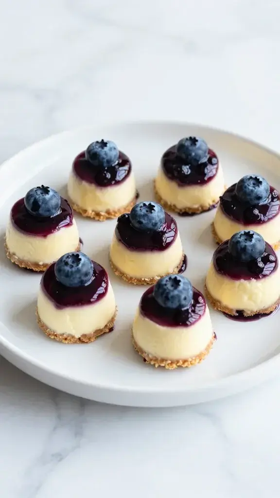 Beautifully plated no-bake lemon blueberry cheesecake bites arranged on a white dessert plate, glossy blueberry glaze, bright natural light, clean marble surface, minimalist garnish