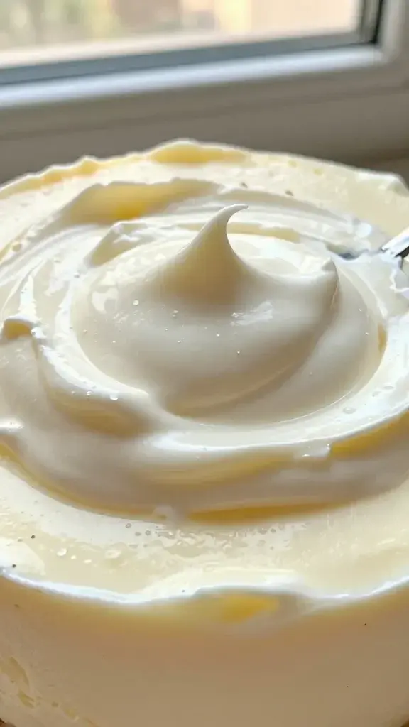 Close-up detail of creamy vanilla yogurt cheesecake filling with softened whipped cream, showing airy texture and delicate spoon swirl, shallow depth of field, warm window light