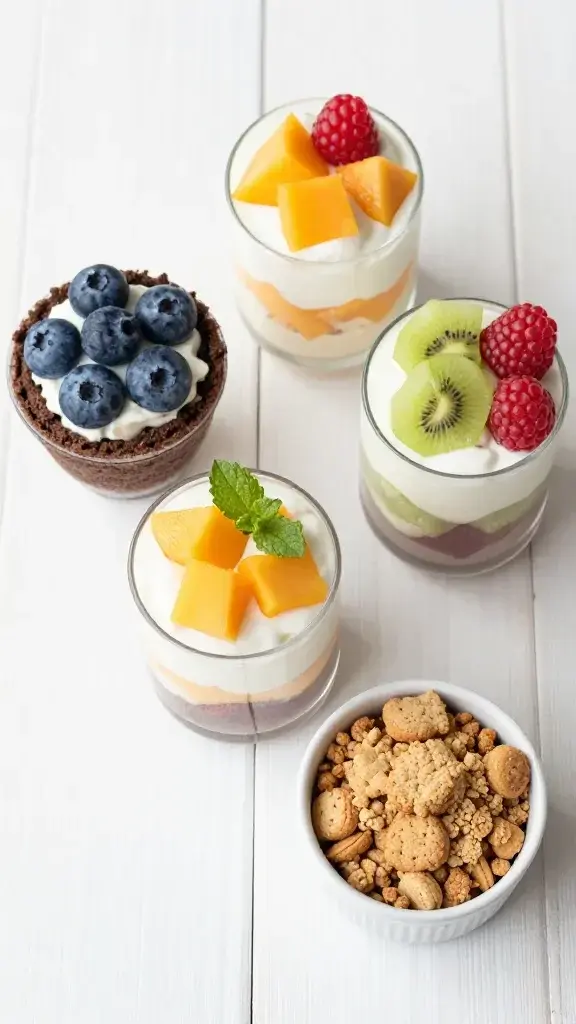 Overhead shot of a light, kid-friendly dessert trio: brownie crumb crust cups, layered fruit parfaits, and mini cookie crumble bowls on a white wooden background