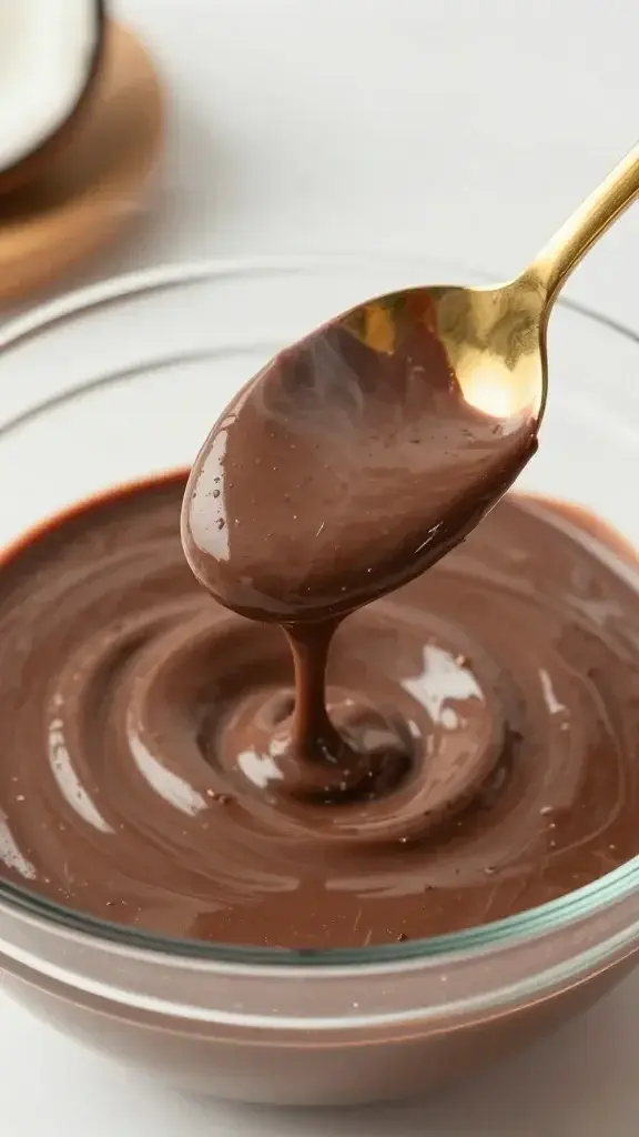 Cooking process shot: stirring a glossy chocolate-coconut pudding in a glass bowl, spoon mid-scoop, golden edges and steam hints, soft kitchen light