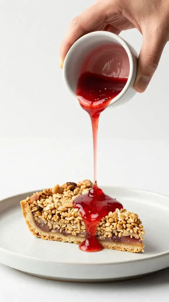 Serving moment: hands pouring strawberry sauce over a sliced no-bake oat crumble tart on a pale ceramic plate, drizzled sauce catching light, clean backdrop