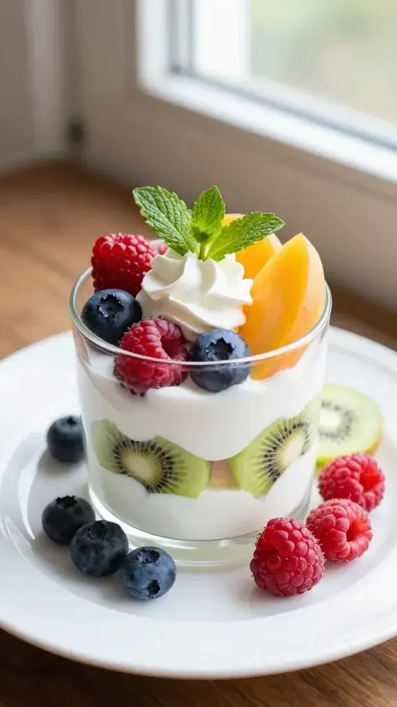 Final plated dish: A bright, kid-friendly fruit dessert platter featuring a layered yogurt parfait with fresh berries, kiwi, and peach slices in clear glass, whipped cream, and a mint sprig, on a white plate, natural window light.