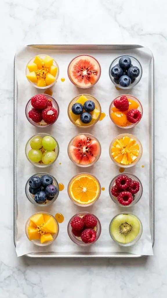 Overhead/top-down shot: Flat lay of a tray of mini fruit tusions (fruit cups) arranged with colorful berries, citrus zest, and a drizzle of maple syrup on parchment, marble background.