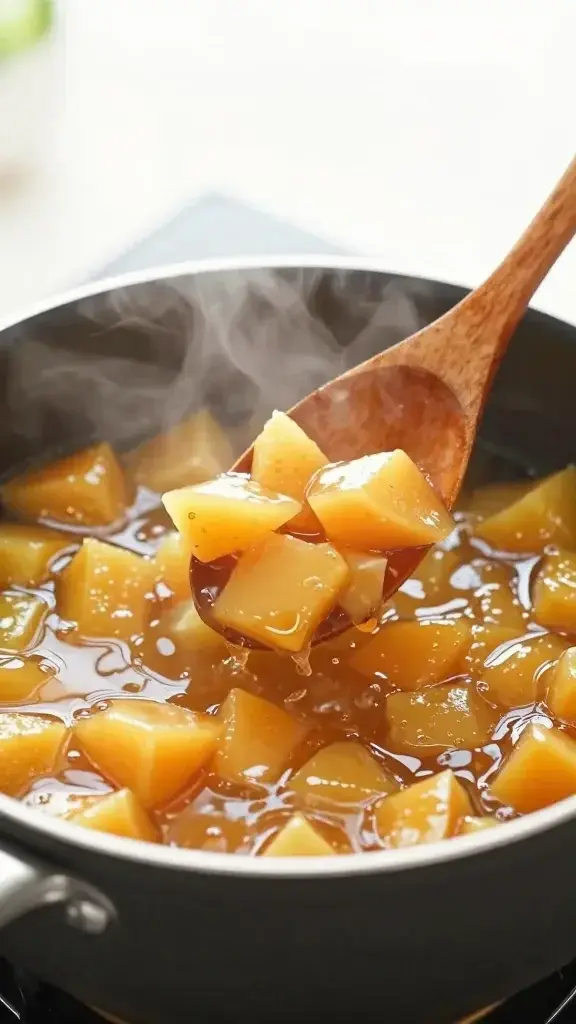 Cooking process shot: Turning syruped fruit compote in a small pan, glossy fruit pieces breaking apart, steam rising, wooden spoon mid-stir, bright ambient light.