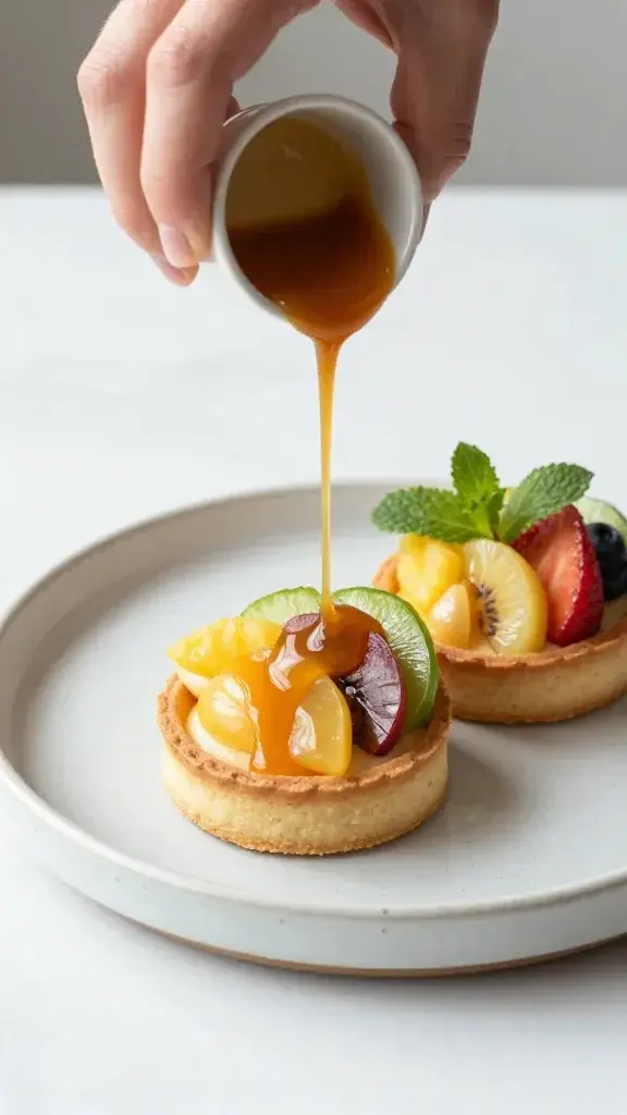 Serving moment: Hand drizzling a gold caramel over a sliced fruit tartlettes on a ceramic plate, biscuit crust visible, fresh mint garnish, clean white surface, natural daylight.