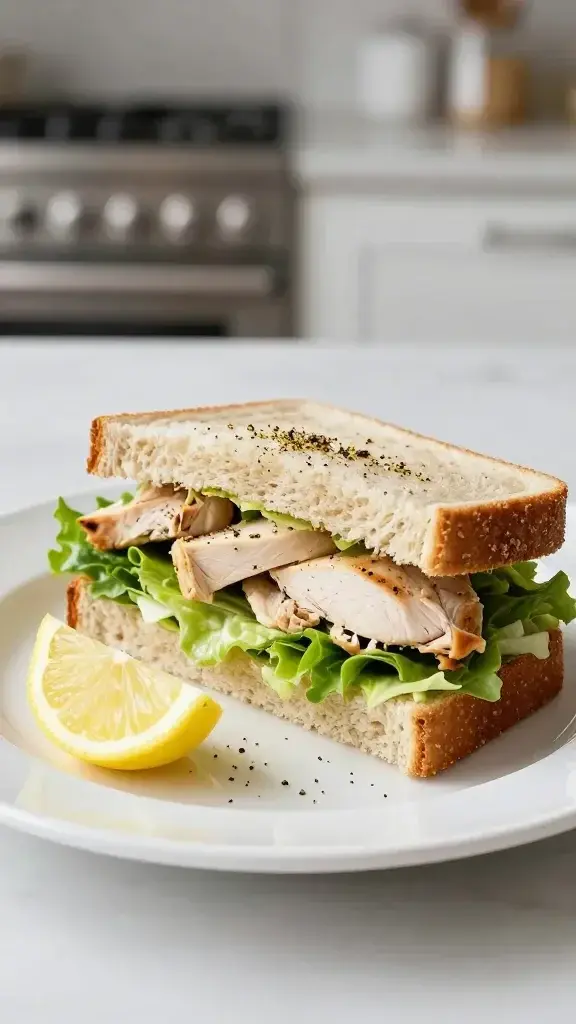 Final plated dish: Beautifully presented chicken salad sandwich on a glossy white plate with crisp greens, lemon wedges, and light-money pepper sprinkle, soft natural light, clean kitchen backdrop.