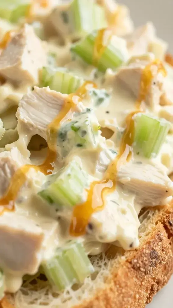 Close-up detail: Creamy chicken salad filling with chunky celery and golden mayonnaise, shallow depth of field, drizzle of honey mustard on crusty bread edge, warm natural light.
