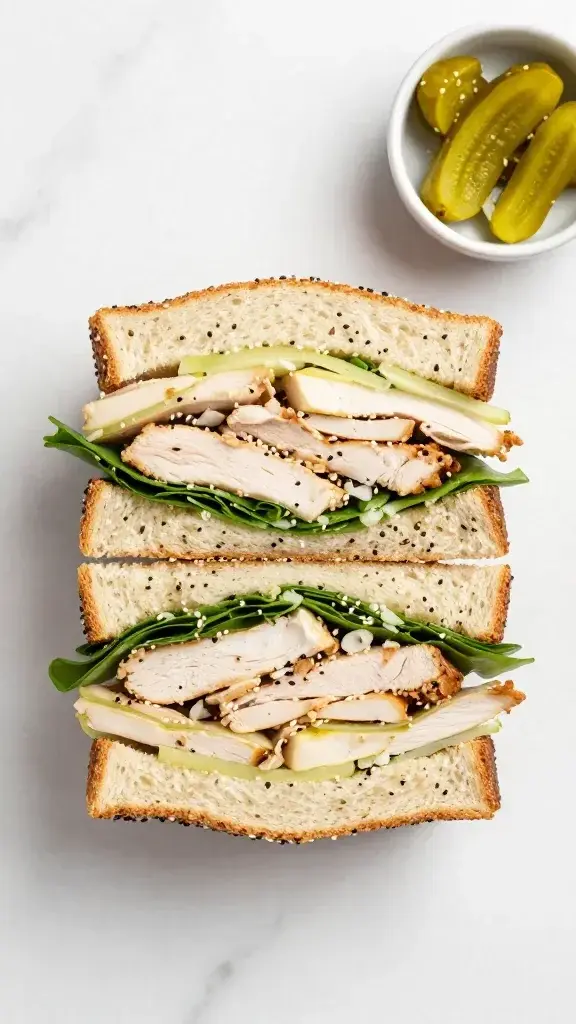 Overhead/top-down: Flat lay of a assembled chicken salad sandwich halves on a marble surface, sesame seeds, sliced bread edges, small bowl of pickle spears in frame.